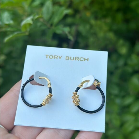 Tory Burch Black and Gold Eleanor Hoops - Picture 1 of 3